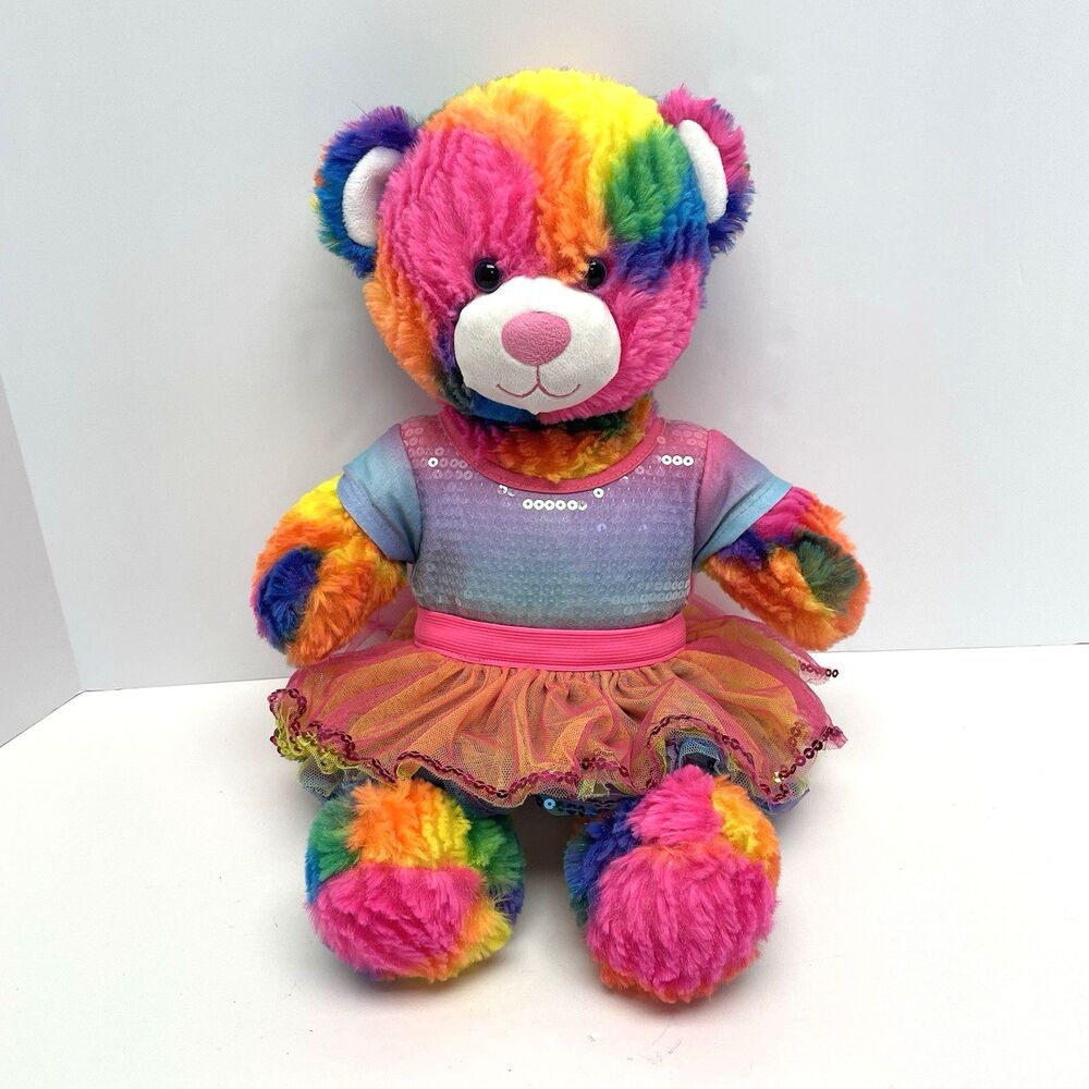 Build-A-Bear Rainbow Tie Dye Plush Teddy Bear Sequin Top Tutu Dress